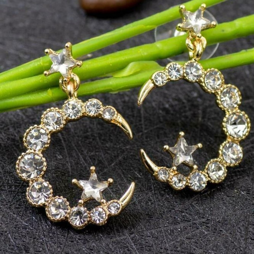 Moon & Star Rhinestone Post Earrings NWT